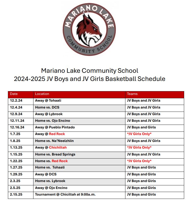 Current Schedule for 24-25 JV Basketball Season 