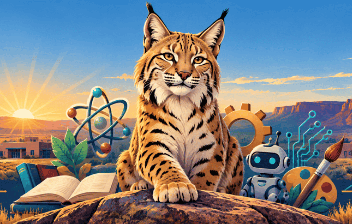 Illustration of a lynx sitting on a rock at sunset, surrounded by symbols of science and technology, including an atom, gears, circuitry, a small robot, and an open book.