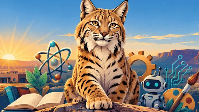Illustration of a lynx sitting on a rock at sunset, surrounded by symbols of science and technology, including an atom, gears, circuitry, a small robot, and an open book.